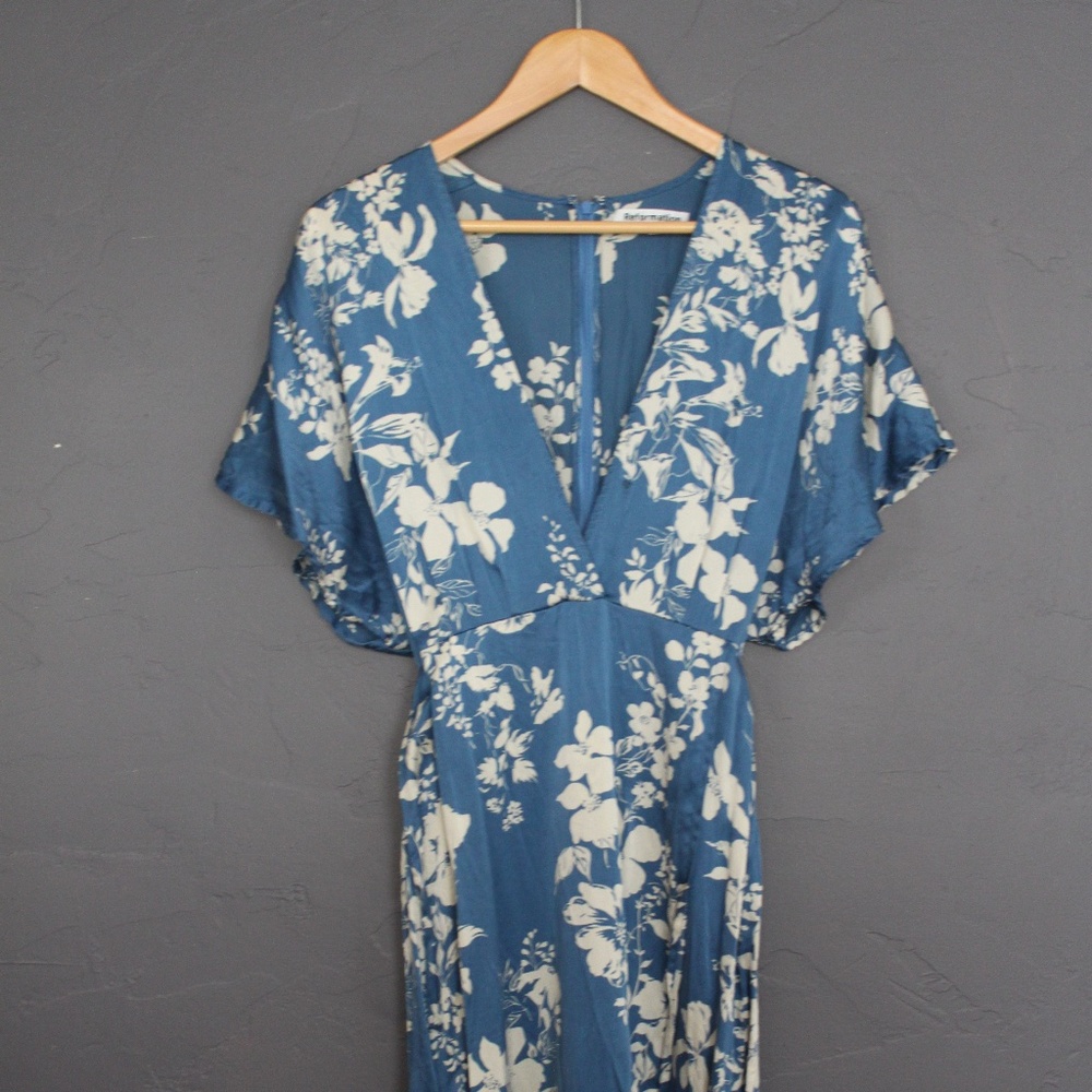 Floral blue silk wrap dress
